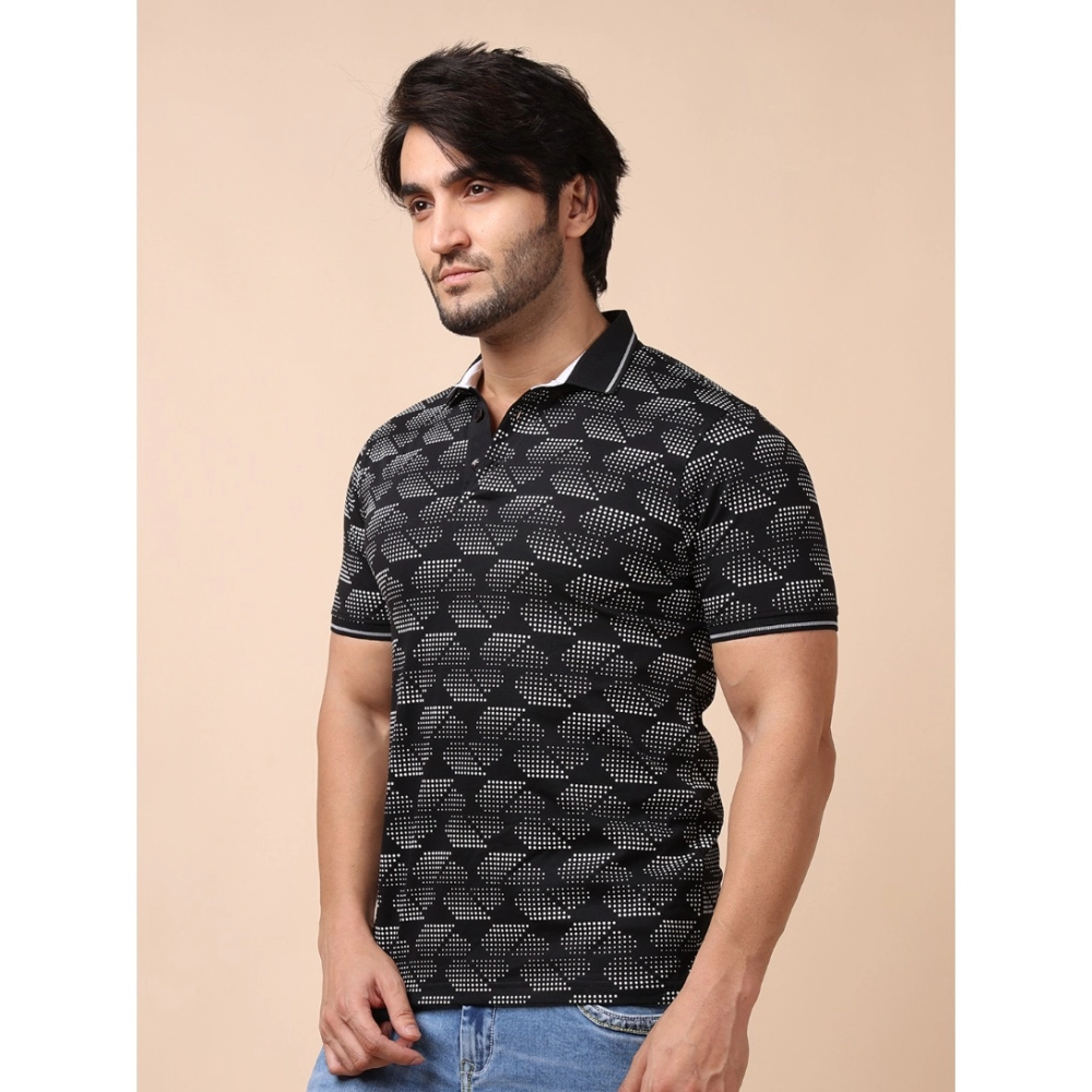 Men's Casual Cotton Printed Polo Neck Half Sleeve T-Shirt (Black) - Image 3