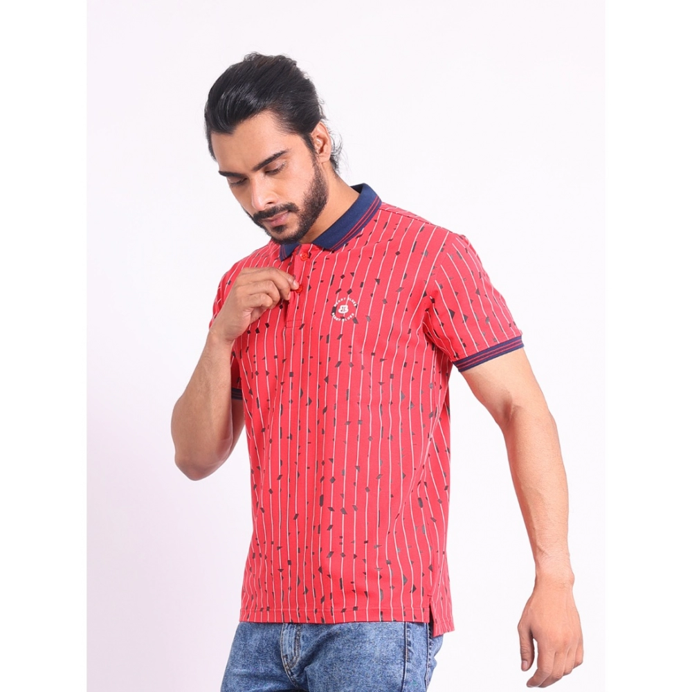 Men's Casual Cotton Printed Polo Neck Half Sleeve T-Shirt (Red) - Image 3