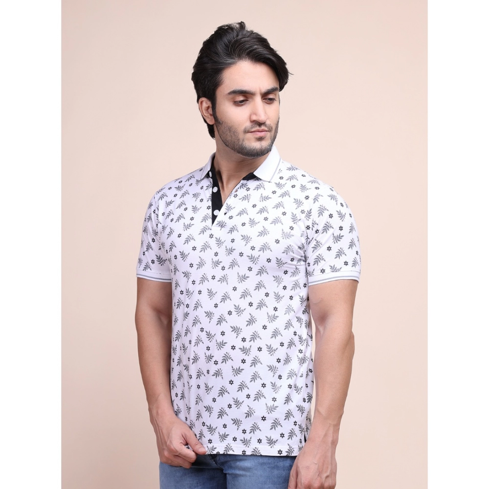 Men's Casual Cotton Printed Polo Neck Half Sleeve T-Shirt (White) - Image 4