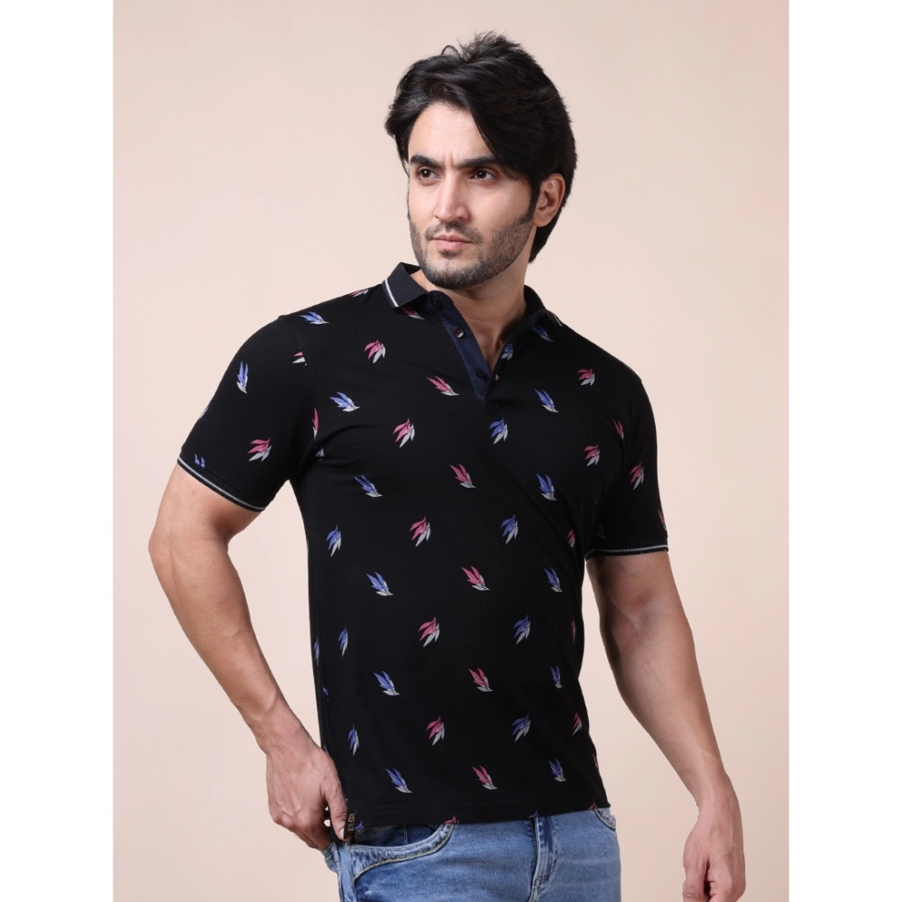 Men's Casual Cotton Printed Polo Neck Half Sleeve T-Shirt (Black) - Image 4