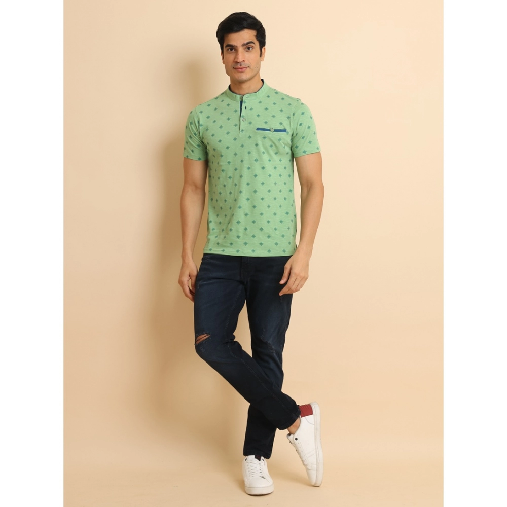 Men's Casual Cotton Printed Mandarin Collar Half Sleeve T-Shirt (LightGreen) - Image 7