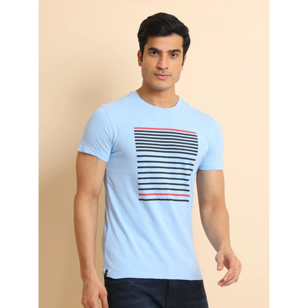 Men's Casual Cotton Printed Round Neck Half Sleeve T-Shirt (Skyblue) - Image 3