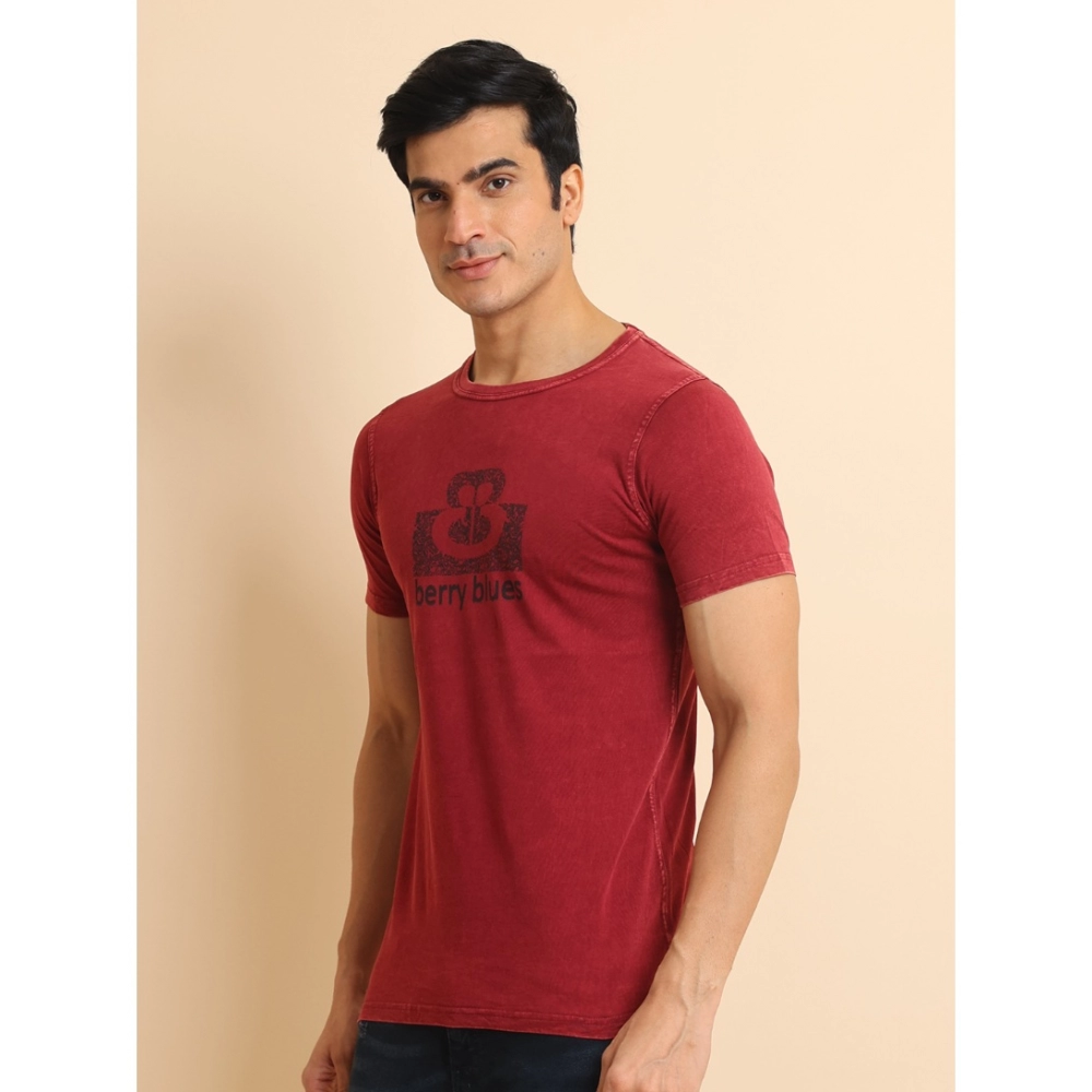 Men's Casual Cotton Printed Round Neck Half Sleeve T-Shirt (Maroon) - Image 4