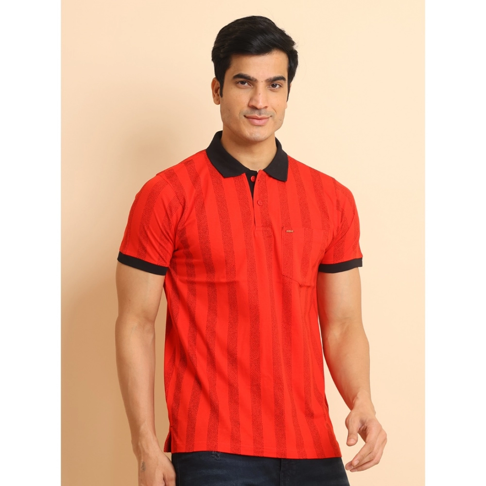Men's Casual Cotton Printed Polo Neck Half Sleeve T-Shirt (Red) - Image 3
