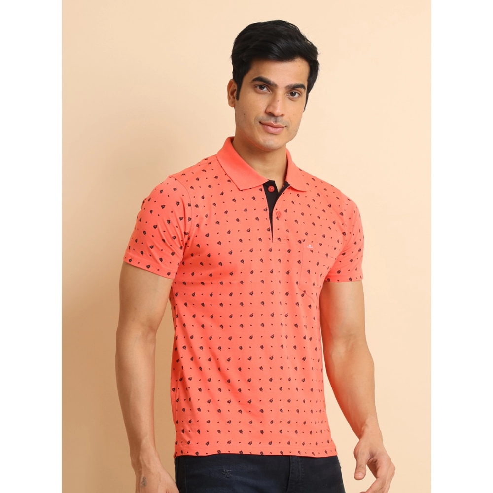 Men's Casual Cotton Printed Polo Neck Half Sleeve T-Shirt (Orange) - Image 4