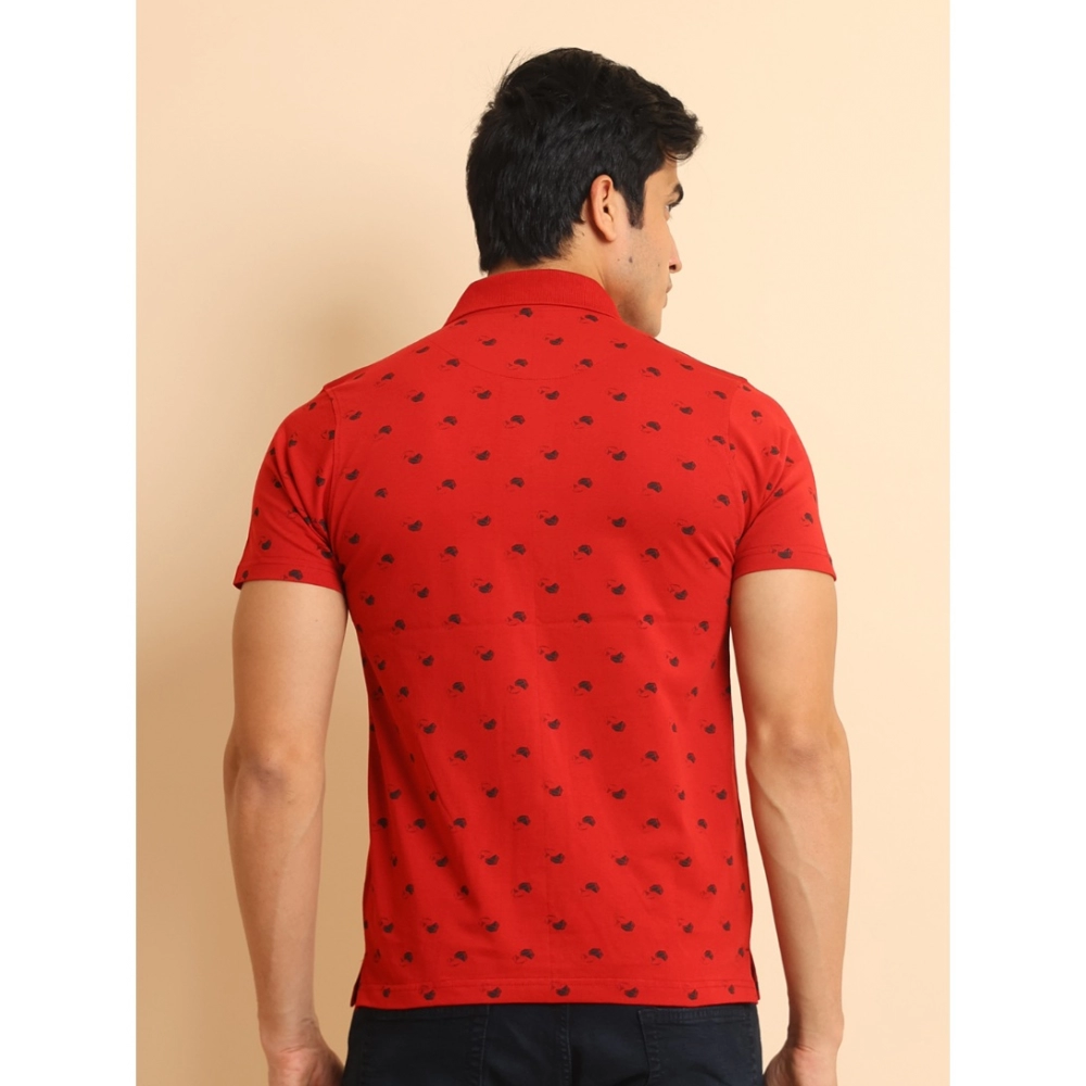 Men's Casual Cotton Printed Polo Neck Half Sleeve T-Shirt (Red) - Image 2