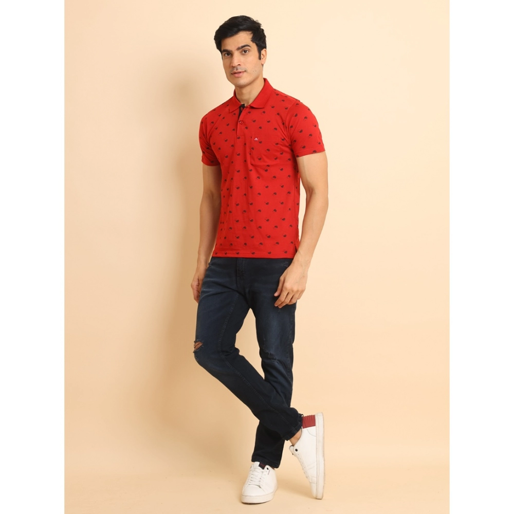 Men's Casual Cotton Printed Polo Neck Half Sleeve T-Shirt (Red) - Image 7