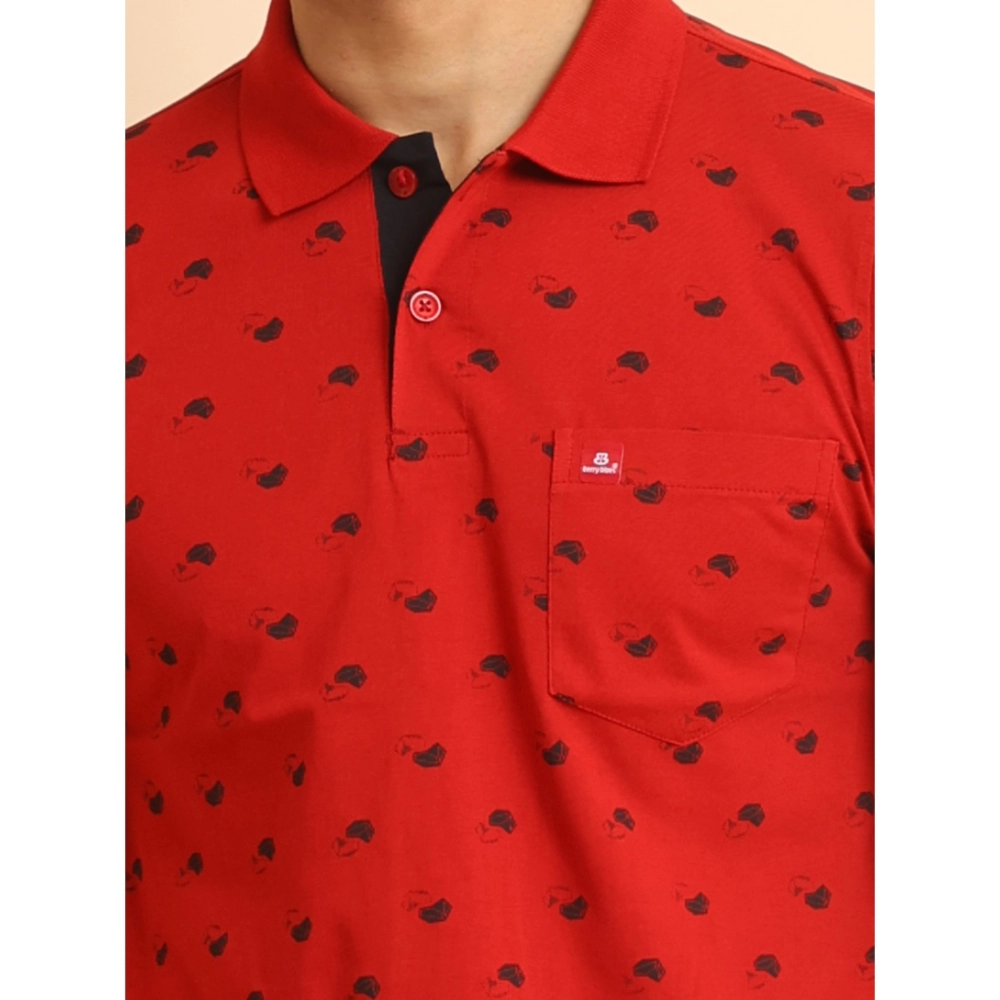 Men's Casual Cotton Printed Polo Neck Half Sleeve T-Shirt (Red) - Image 6