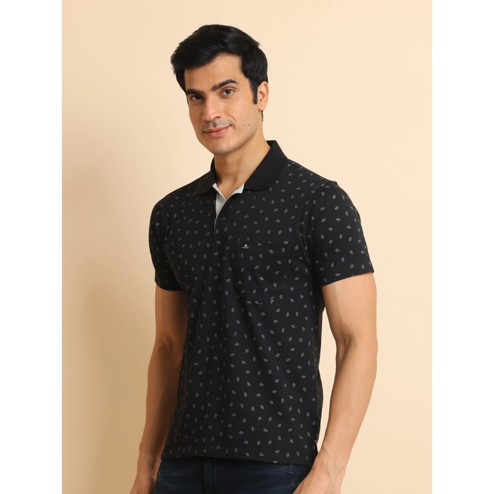 Men's Casual Cotton Printed Polo Neck Half Sleeve T-Shirt (Black) - Image 4