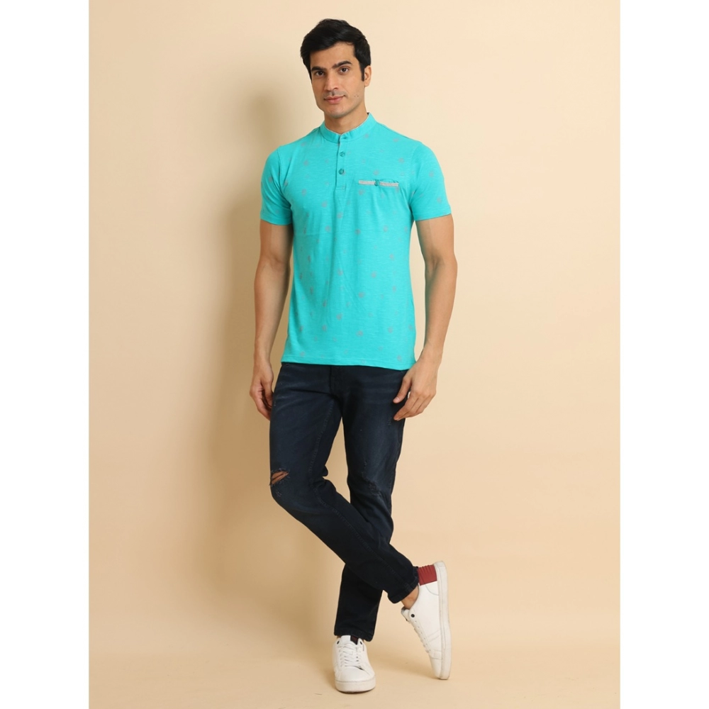 Men's Casual Cotton Printed Mandarin Collar Half Sleeve T-Shirt (Seagreen) - Image 7