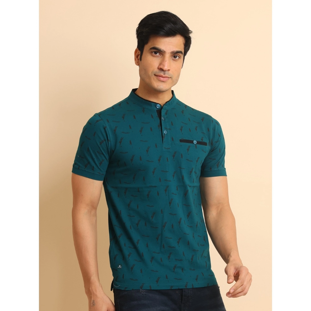 Men's Casual Cotton Printed Mandarin Collar Half Sleeve T-Shirt (Green) - Image 3