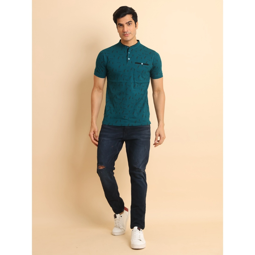 Men's Casual Cotton Printed Mandarin Collar Half Sleeve T-Shirt (Green) - Image 7