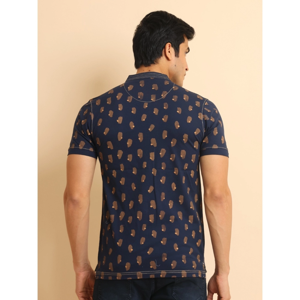 Men's Casual Cotton Printed Mandarin Collar Half Sleeve T-Shirt (Navy) - Image 2