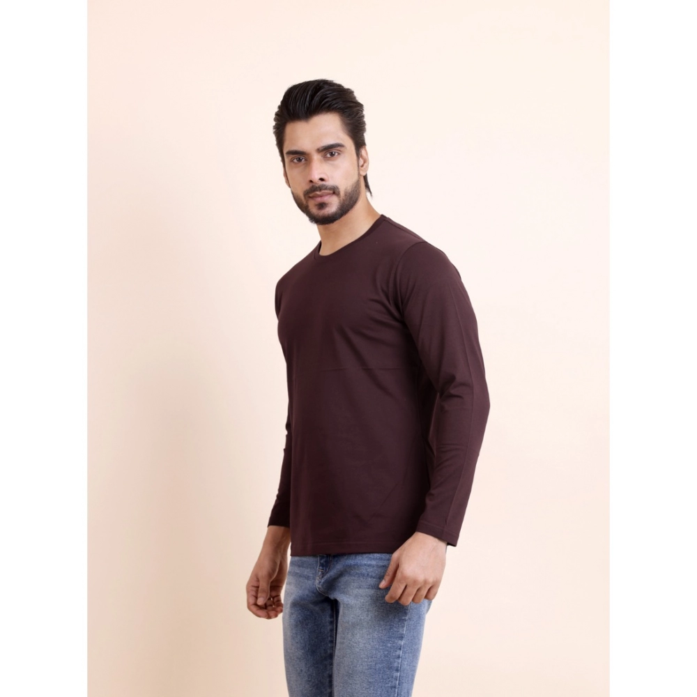Men's Casual Cotton Solid Round Neck Full Sleeve T-Shirt (Wine) - Image 4