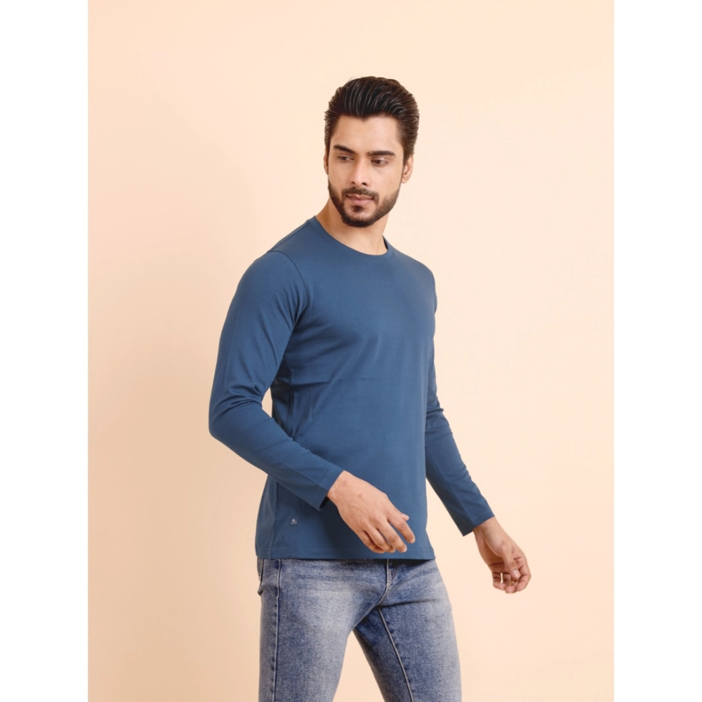 Men's Casual Cotton Solid Round Neck Full Sleeve T-Shirt (Blue) - Image 4