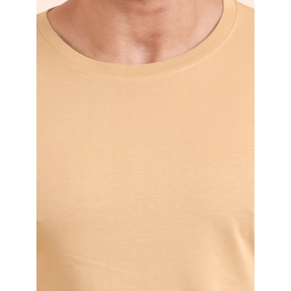 Men's Casual Cotton Solid Round Neck Full Sleeve T-Shirt (Beige) - Image 6