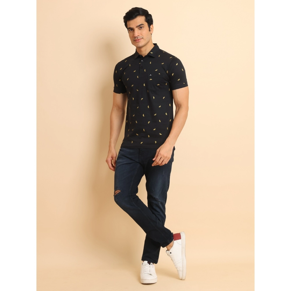 Men's Casual Cotton Printed Polo Neck Half Sleeve T-Shirt (Black) - Image 7