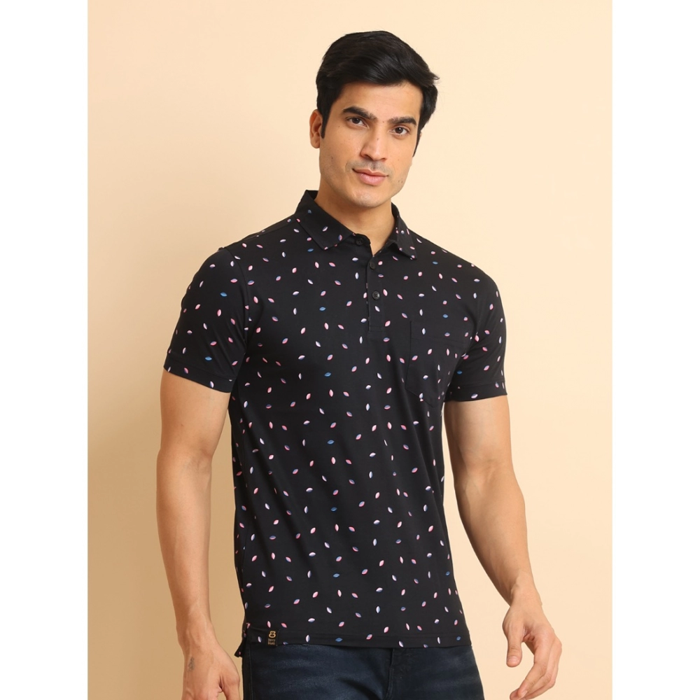 Men's Casual Cotton Printed Polo Neck Half Sleeve T-Shirt (Black) - Image 3