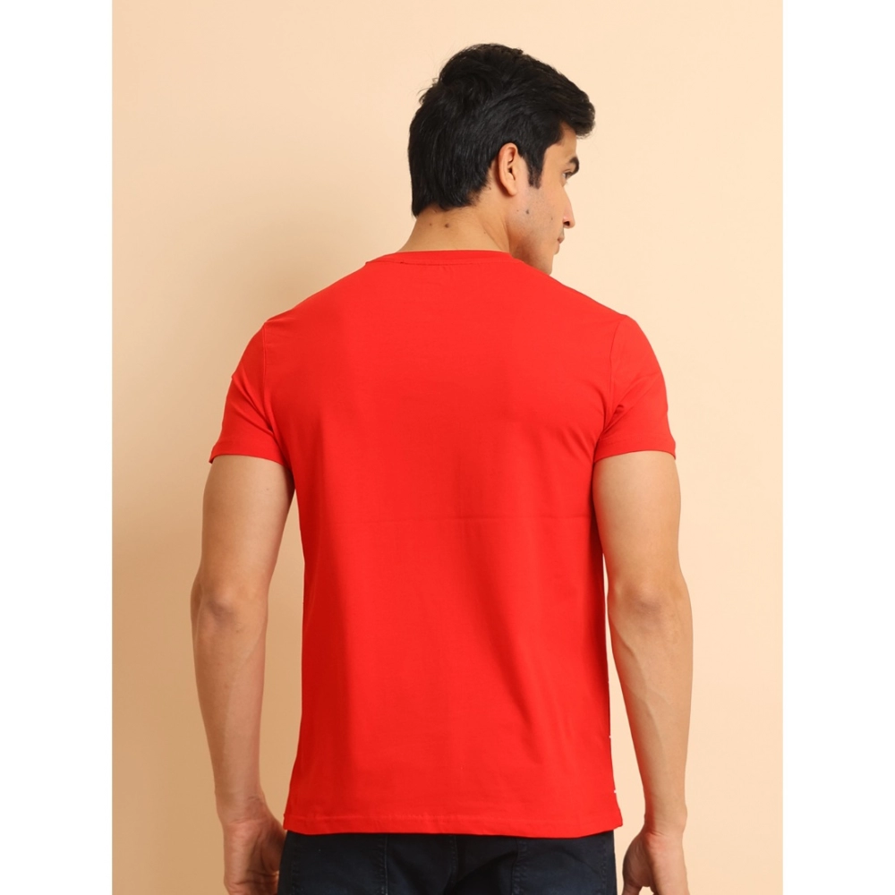Men's Casual Cotton Printed Round Neck Half Sleeve T-Shirt (Red) - Image 2