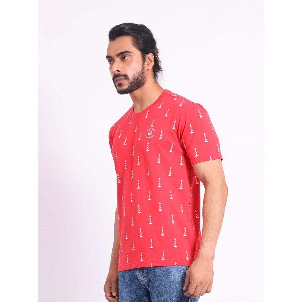 Men's Casual Cotton Printed Round Neck Half Sleeve T-Shirt (Red) - Image 3