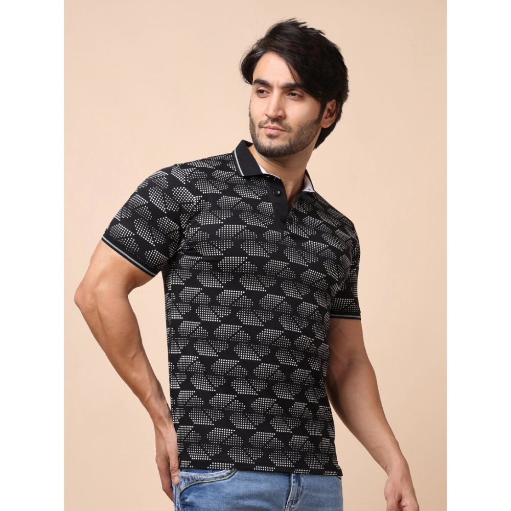 Men's Casual Cotton Printed Polo Neck Half Sleeve T-Shirt (Black) - Image 4