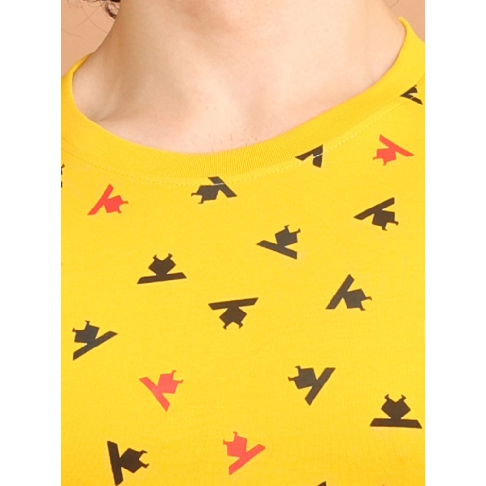 Men's Casual Cotton Printed Round Neck Half Sleeve T-Shirt (Yellow) - Image 6