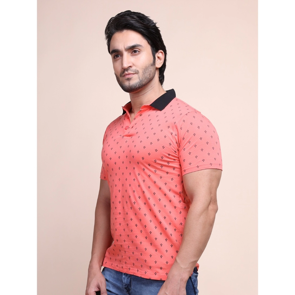 Men's Casual Cotton Printed Polo Neck Half Sleeve T-Shirt (Red) - Image 3