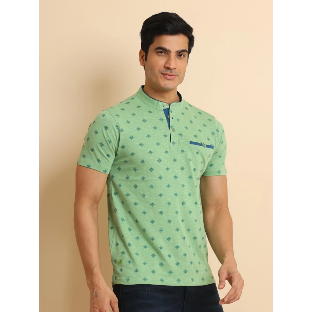 Men's Casual Cotton Printed Mandarin Collar Half Sleeve T-Shirt (LightGreen) - Image 3