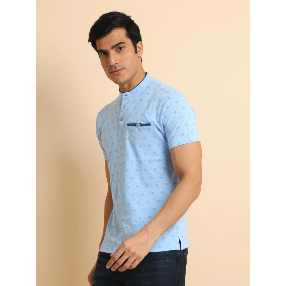 Men's Casual Cotton Printed Mandarin Collar Half Sleeve T-Shirt (Skyblue) - Image 4