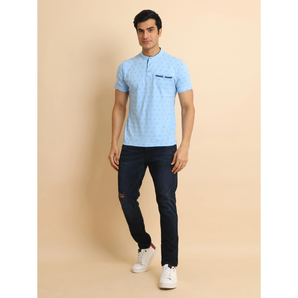 Men's Casual Cotton Printed Mandarin Collar Half Sleeve T-Shirt (Skyblue) - Image 7