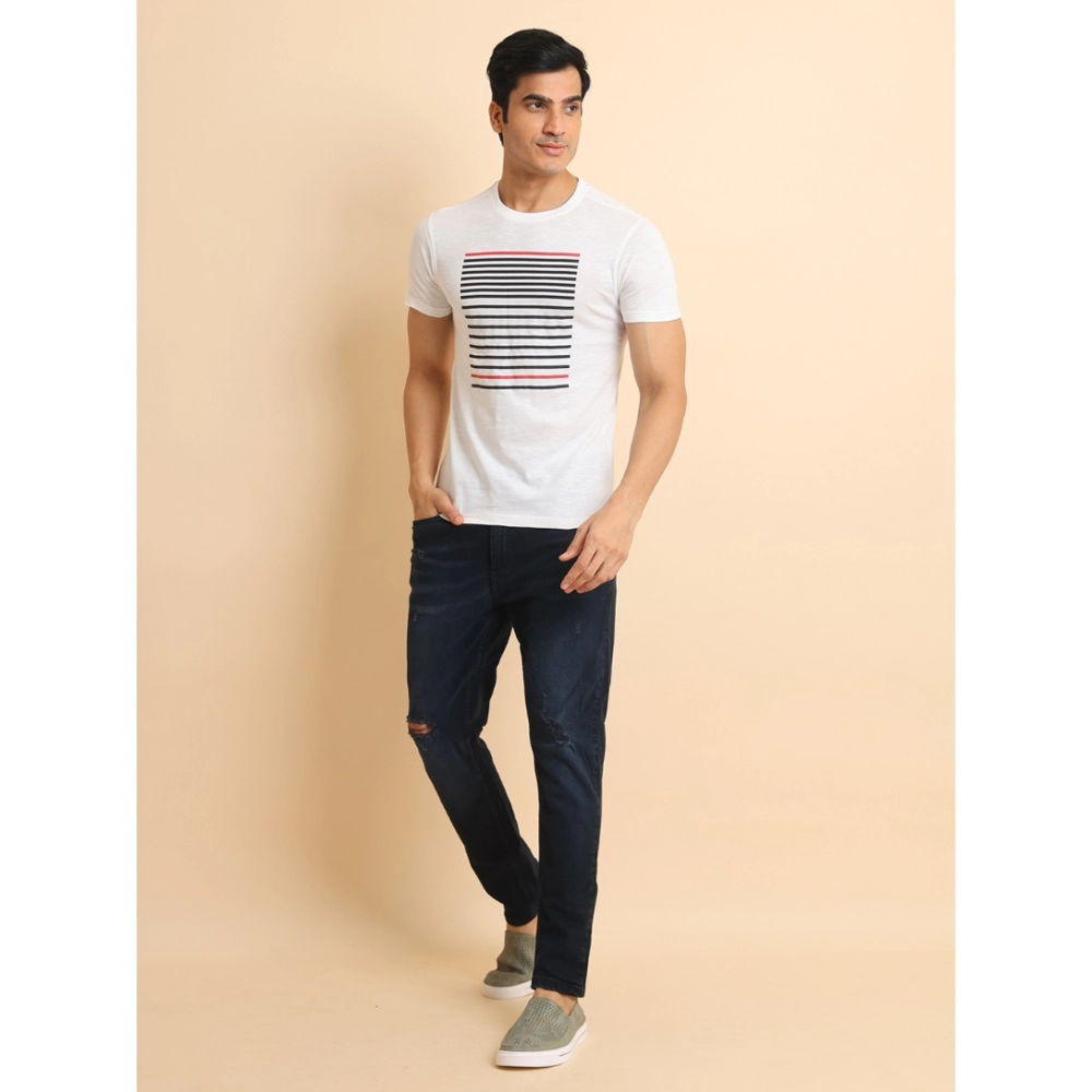 Men's Casual Cotton Printed Round Neck Half Sleeve T-Shirt (White) - Image 7