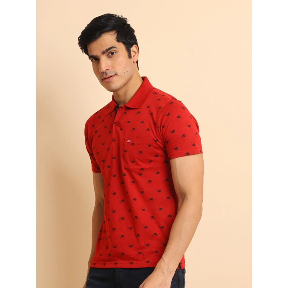 Men's Casual Cotton Printed Polo Neck Half Sleeve T-Shirt (Red) - Image 4