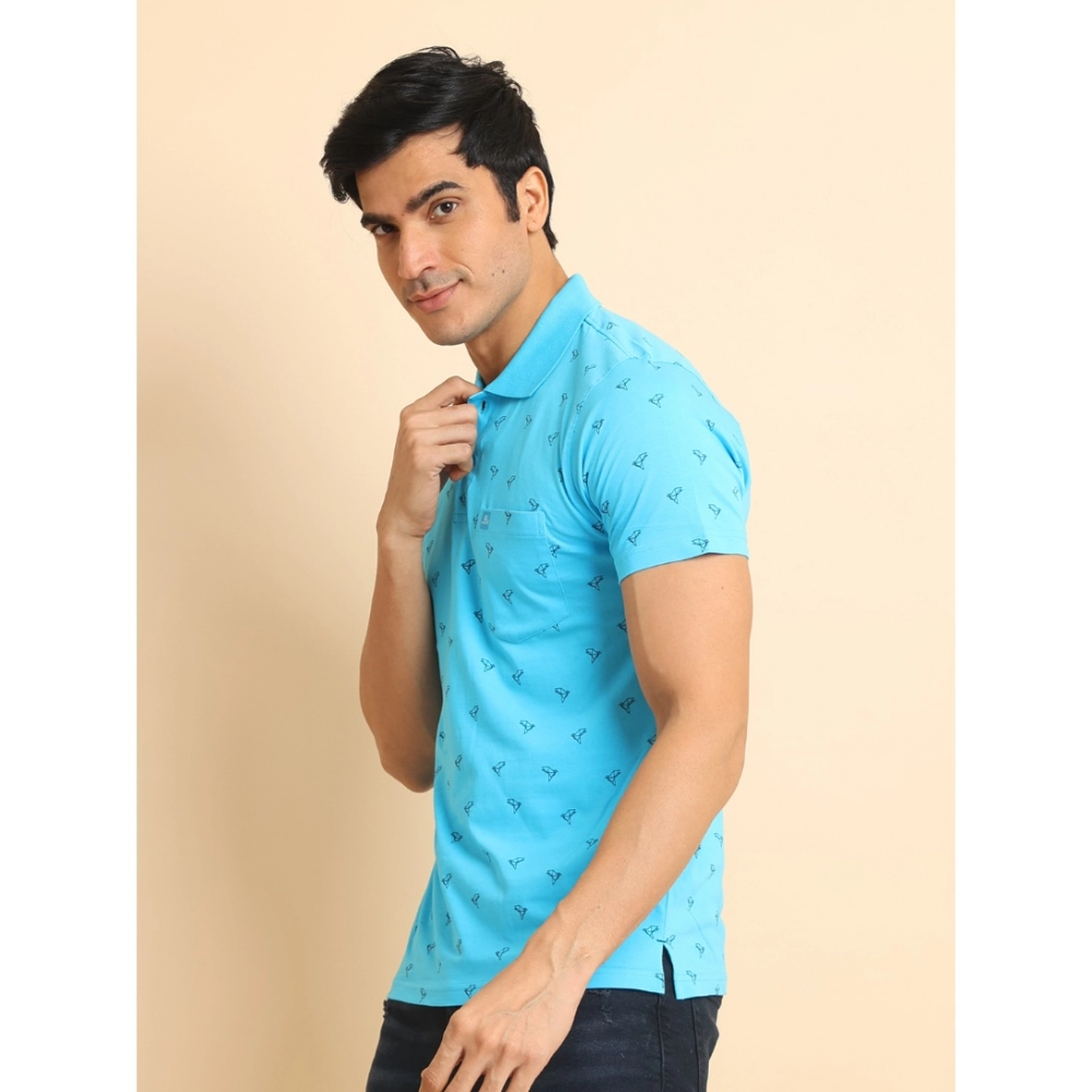Men's Casual Cotton Printed Polo Neck Half Sleeve T-Shirt (Skyblue) - Image 4