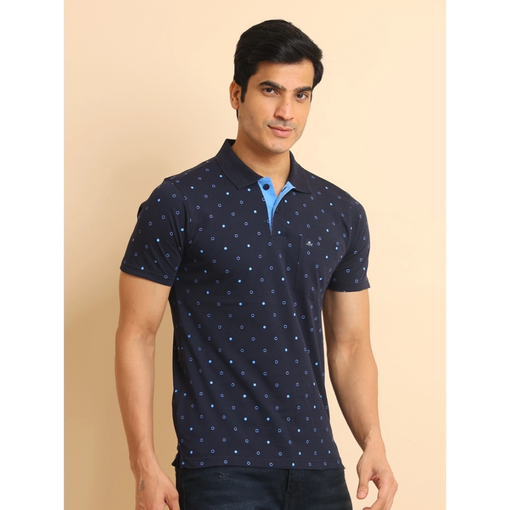 Men's Casual Cotton Printed Polo Neck Half Sleeve T-Shirt (Navy) - Image 3