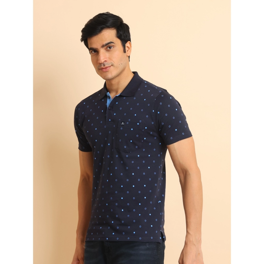 Men's Casual Cotton Printed Polo Neck Half Sleeve T-Shirt (Navy) - Image 4