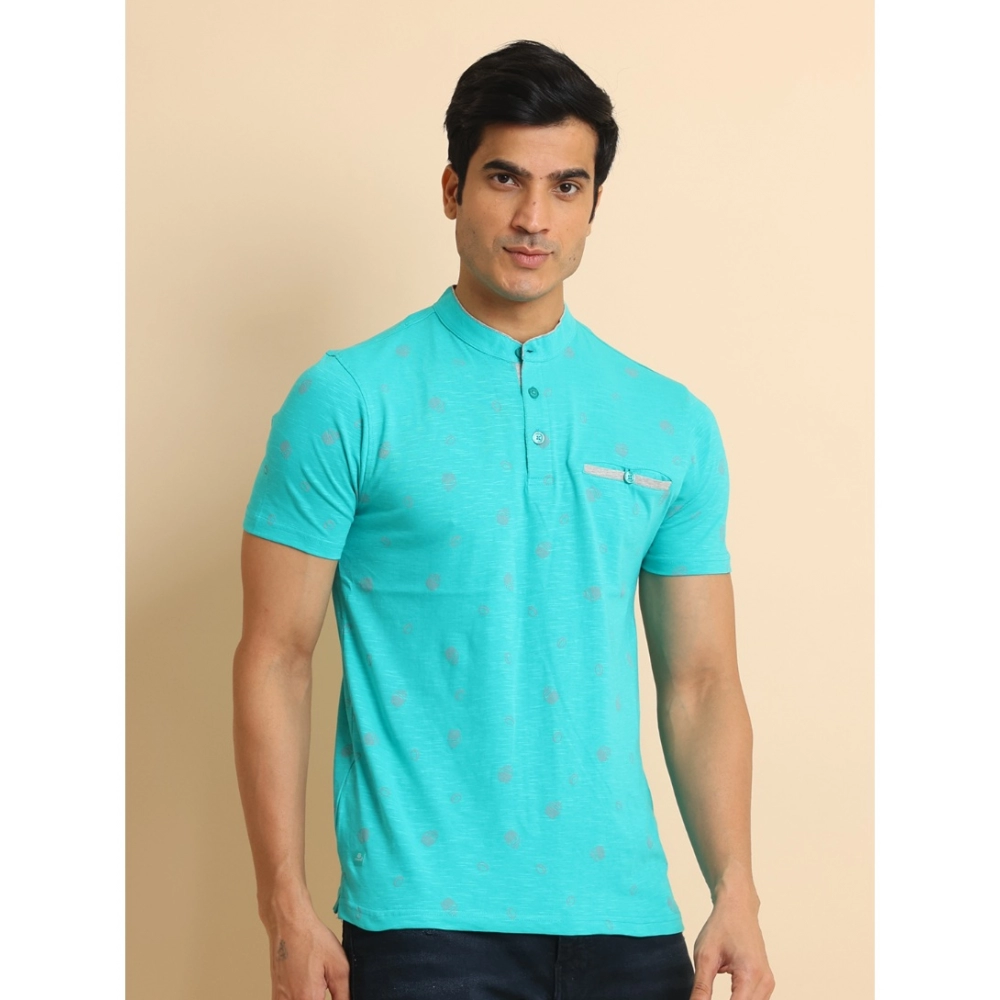Men's Casual Cotton Printed Mandarin Collar Half Sleeve T-Shirt (Seagreen) - Image 3