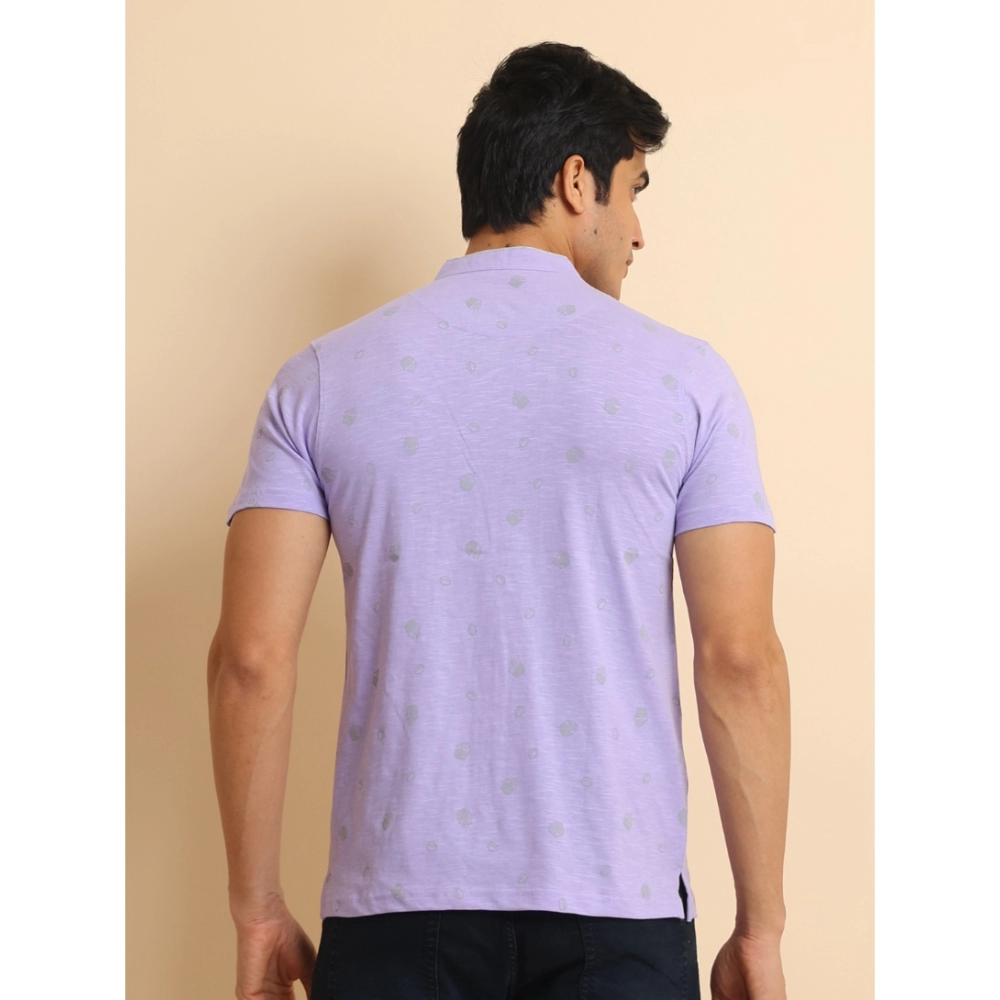 Men's Casual Cotton Printed Mandarin Collar Half Sleeve T-Shirt (Lavender) - Image 2