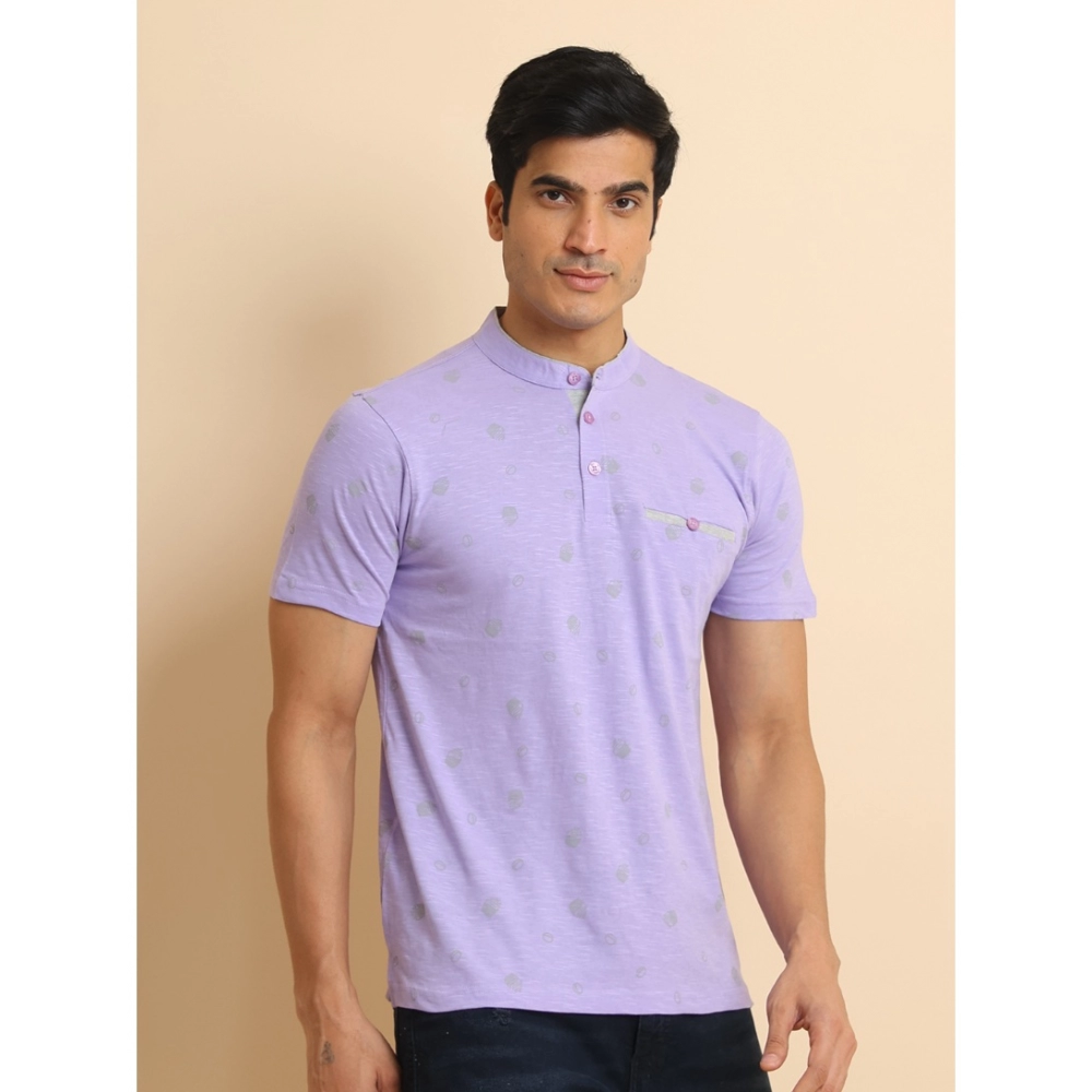 Men's Casual Cotton Printed Mandarin Collar Half Sleeve T-Shirt (Lavender) - Image 3