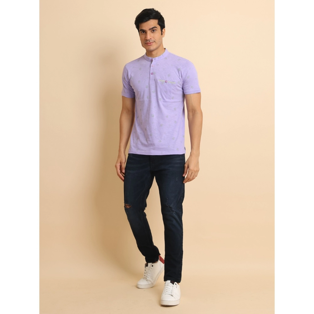 Men's Casual Cotton Printed Mandarin Collar Half Sleeve T-Shirt (Lavender) - Image 7