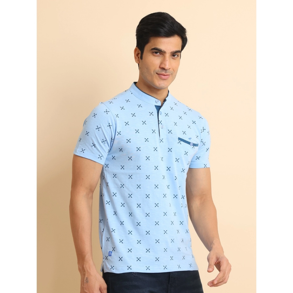 Men's Casual Cotton Printed Mandarin Collar Half Sleeve T-Shirt (Skyblue) - Image 3