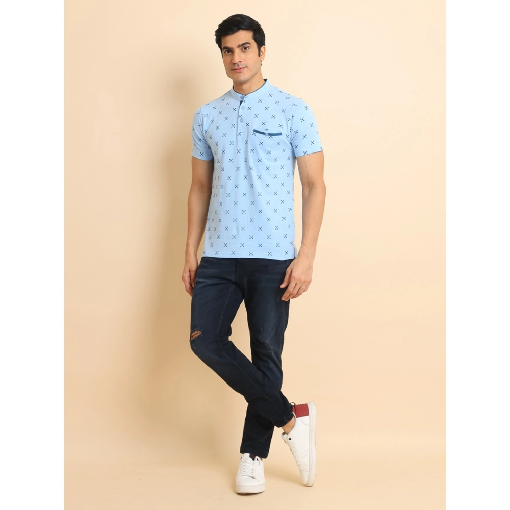 Men's Casual Cotton Printed Mandarin Collar Half Sleeve T-Shirt (Skyblue) - Image 7