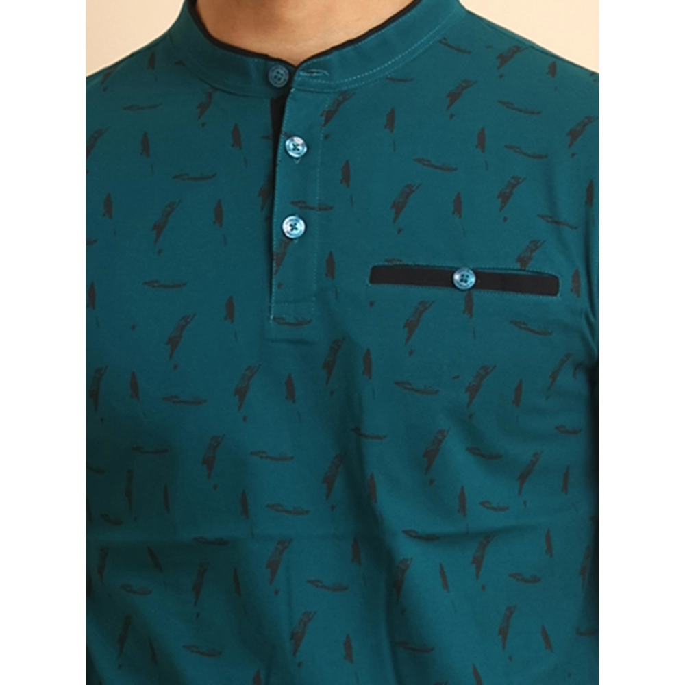 Men's Casual Cotton Printed Mandarin Collar Half Sleeve T-Shirt (Green) - Image 6