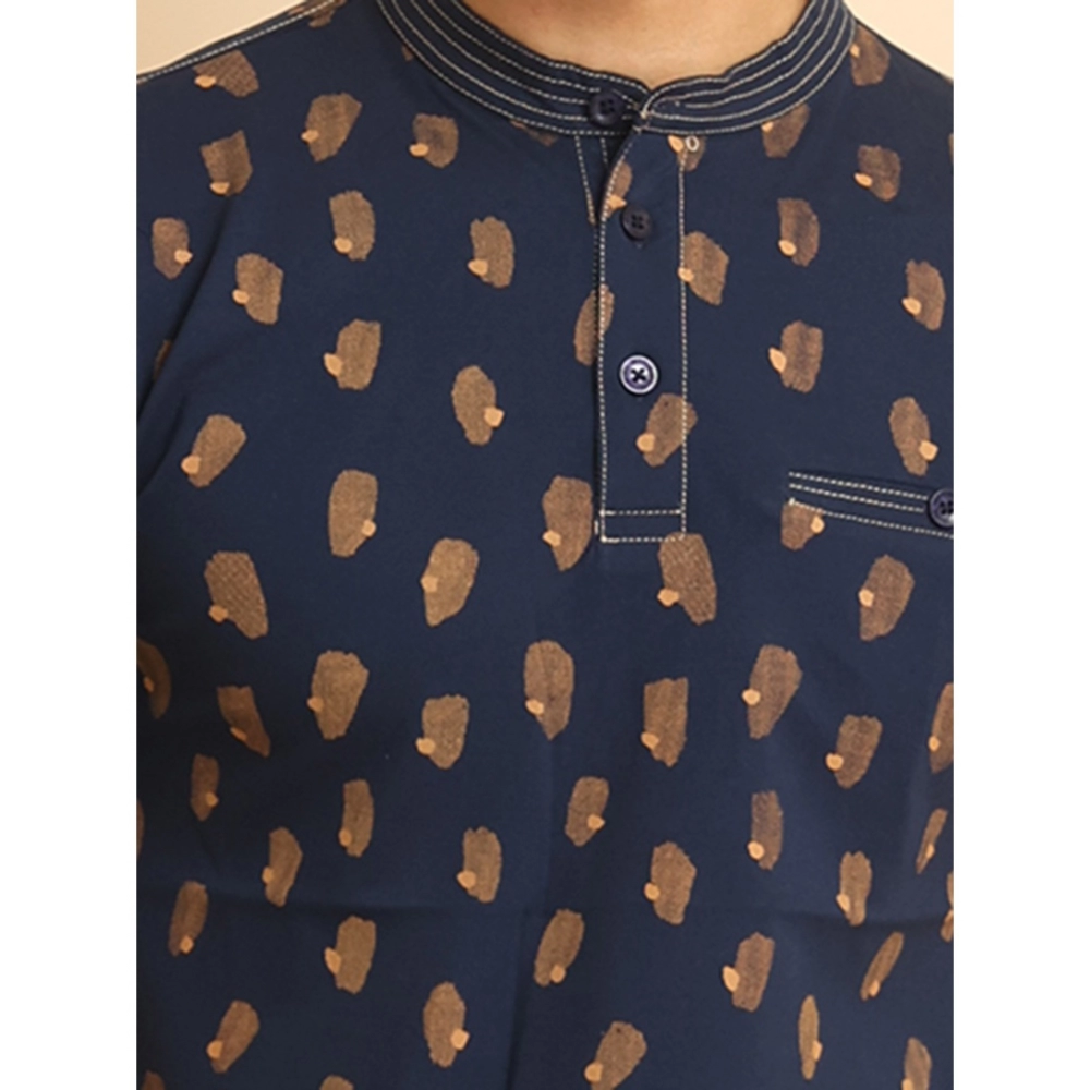 Men's Casual Cotton Printed Mandarin Collar Half Sleeve T-Shirt (Navy) - Image 6