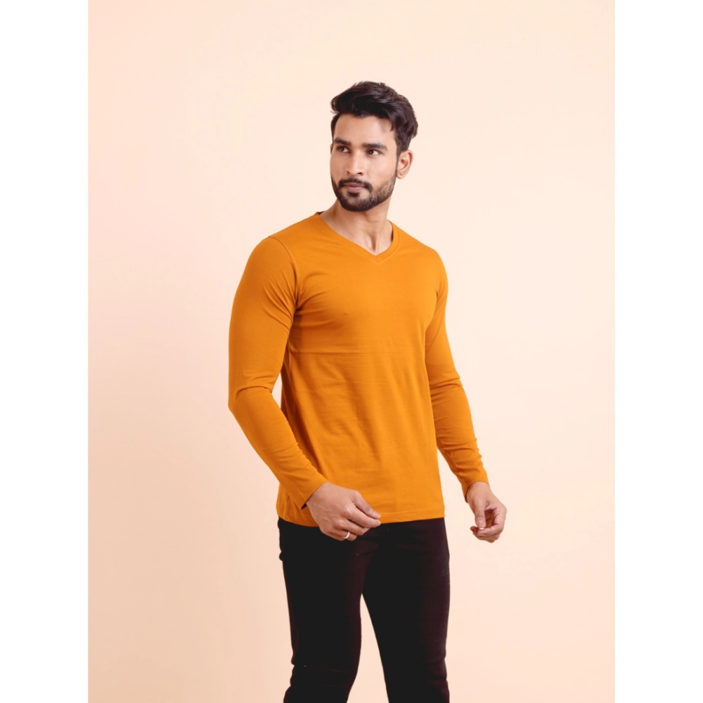 Men's Casual Cotton Solid V Neck Full Sleeve T-Shirt (Mustard) - Image 4