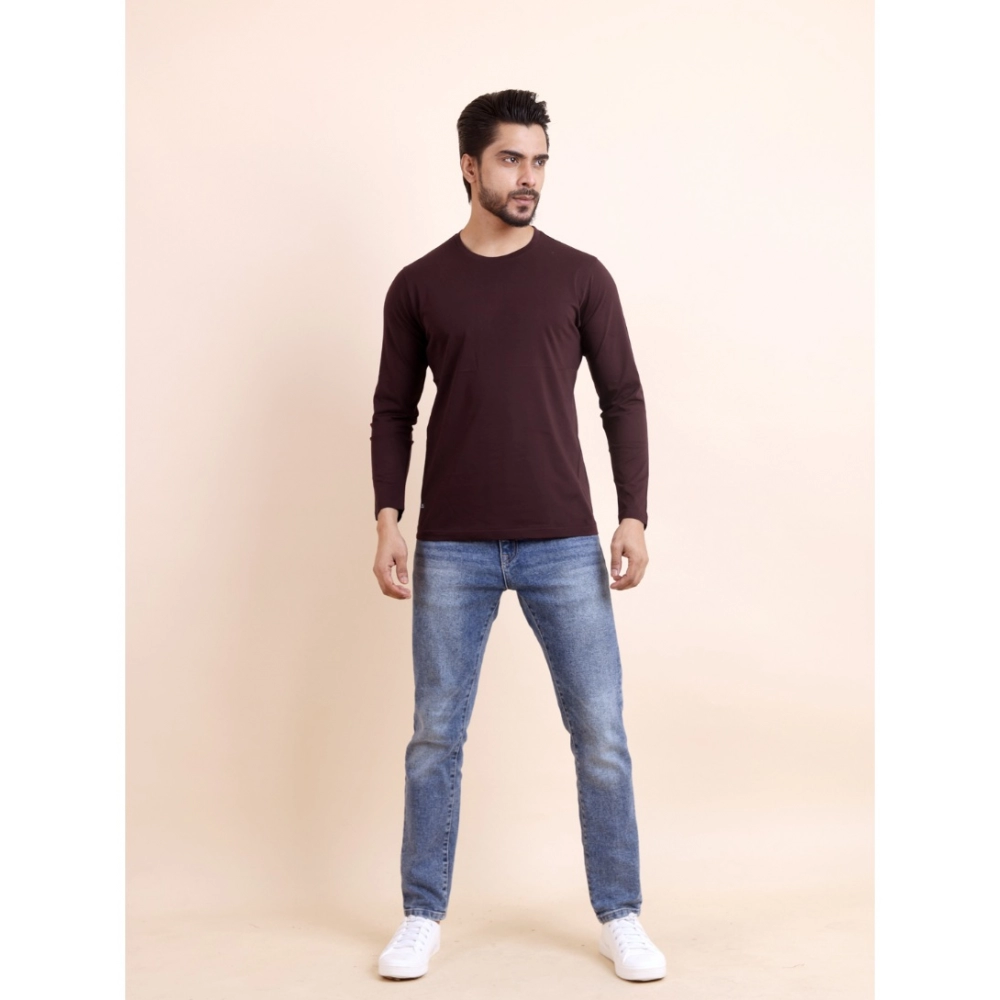 Men's Casual Cotton Solid Round Neck Full Sleeve T-Shirt (Wine) - Image 7
