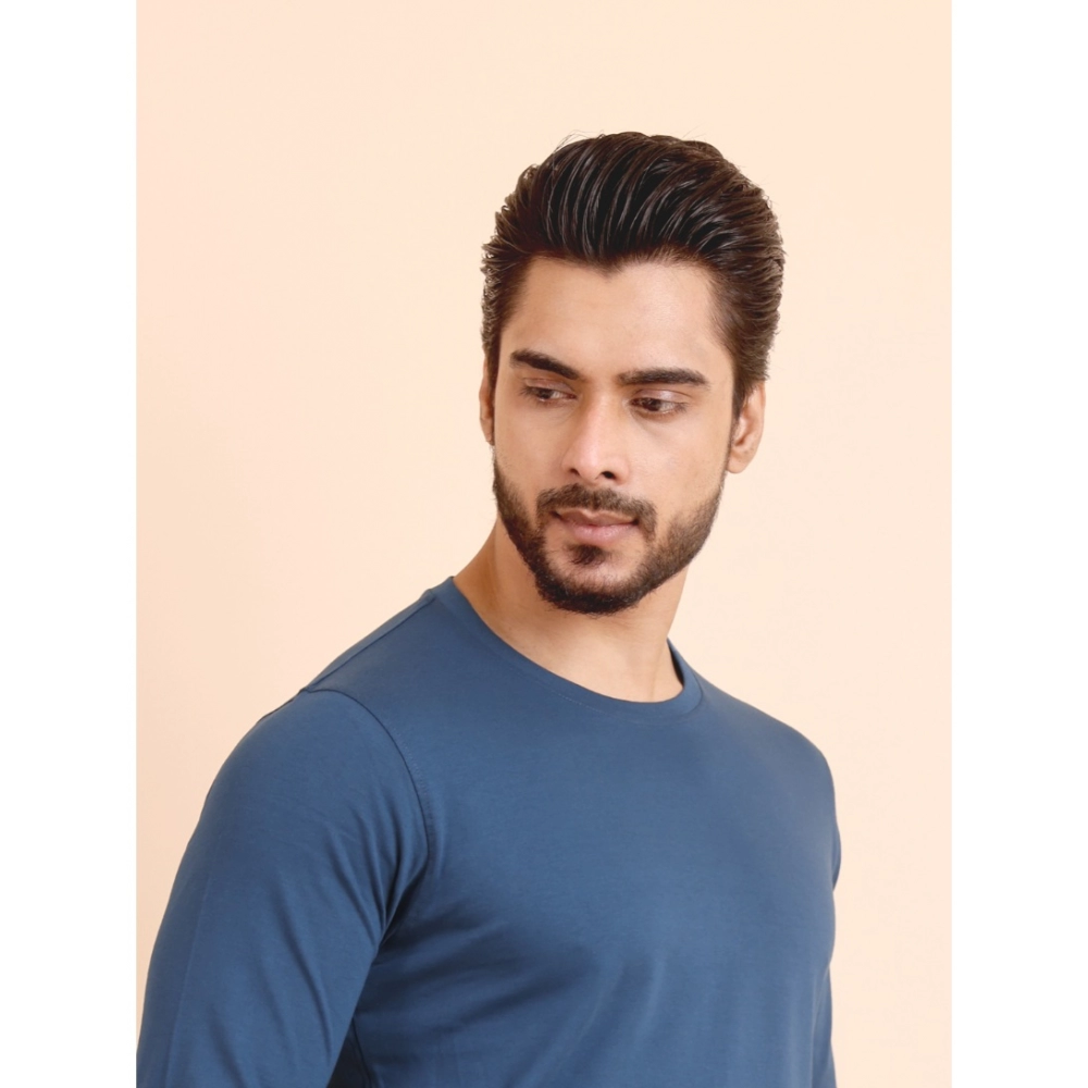 Men's Casual Cotton Solid Round Neck Full Sleeve T-Shirt (Blue) - Image 3