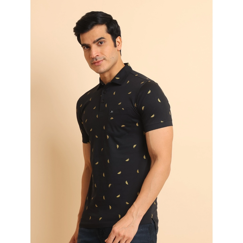 Men's Casual Cotton Printed Polo Neck Half Sleeve T-Shirt (Black) - Image 4