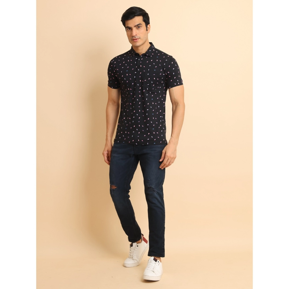 Men's Casual Cotton Printed Polo Neck Half Sleeve T-Shirt (Black) - Image 7