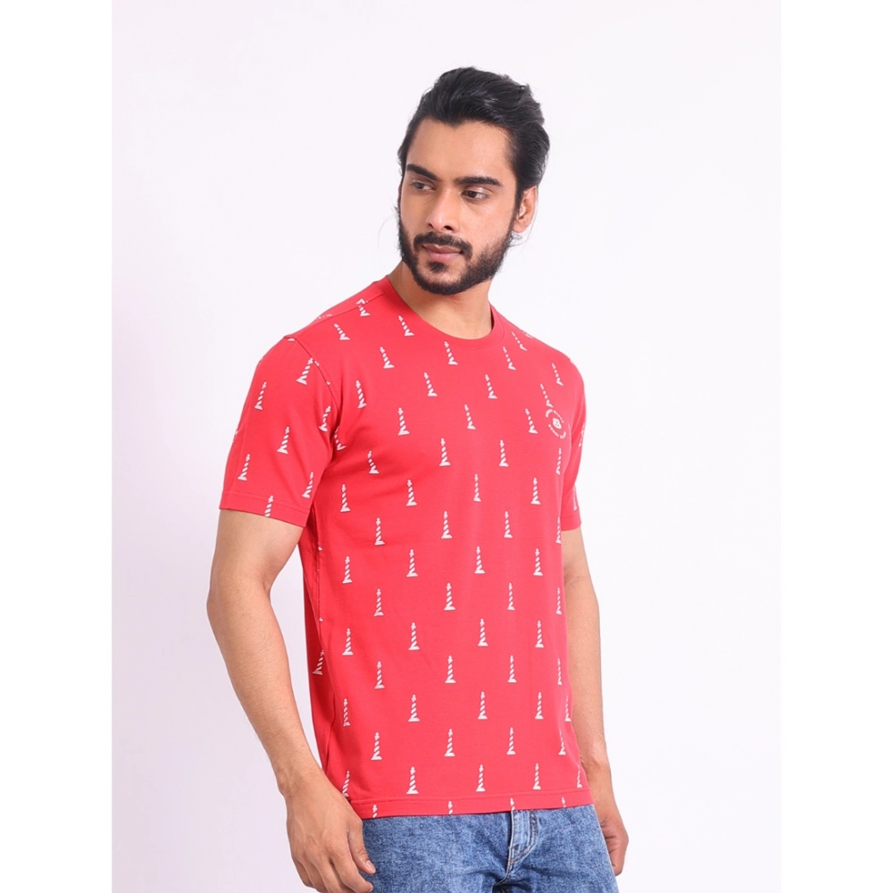 Men's Casual Cotton Printed Round Neck Half Sleeve T-Shirt (Red) - Image 4