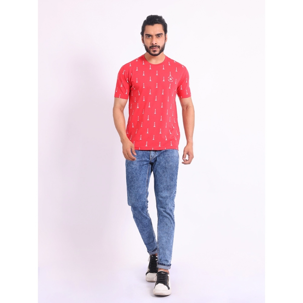 Men's Casual Cotton Printed Round Neck Half Sleeve T-Shirt (Red) - Image 7